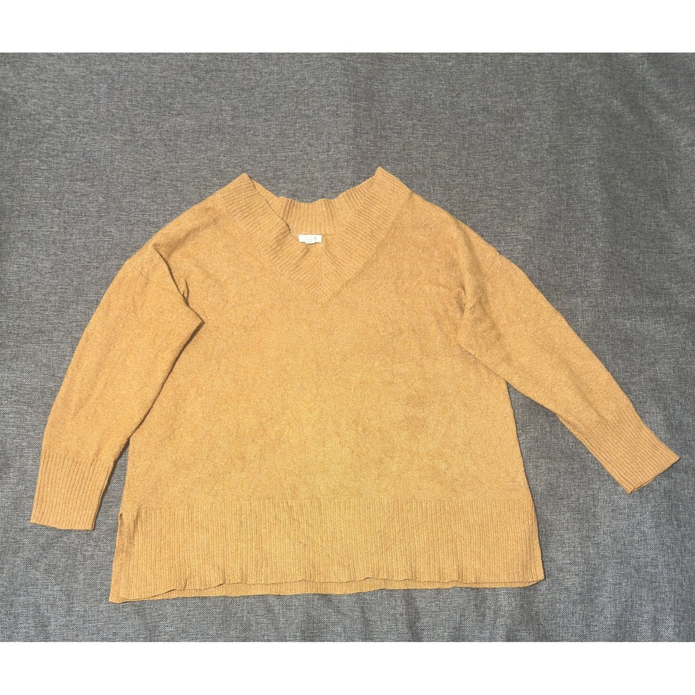 a.n.a Woman 1X Sweater V-Neck Mustard Yellow Ribbed Knit Pullover